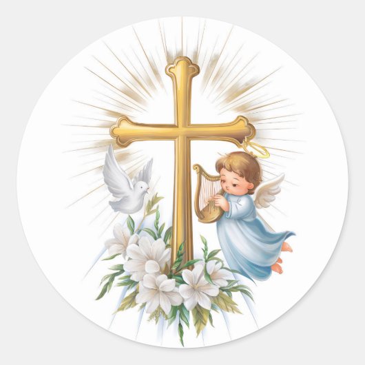 Heilig Kruis en Cupido Christelijk Ronde Sticker (Voorkant)