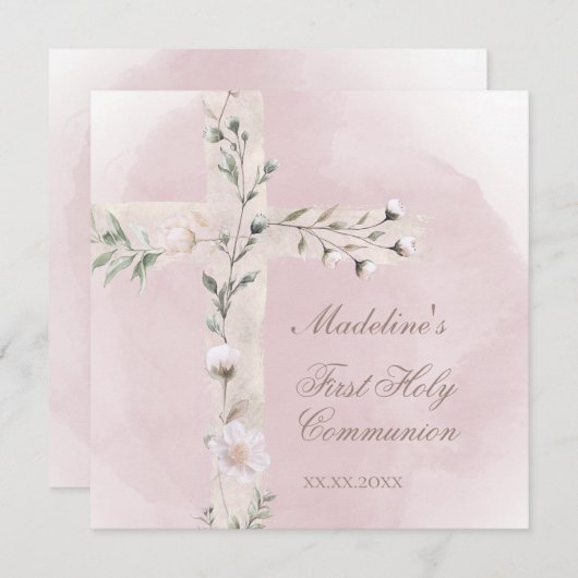 Heilig Kruis op stoffige roze Eerste Heilige Commu Kaart (Voorkant / Achterkant)