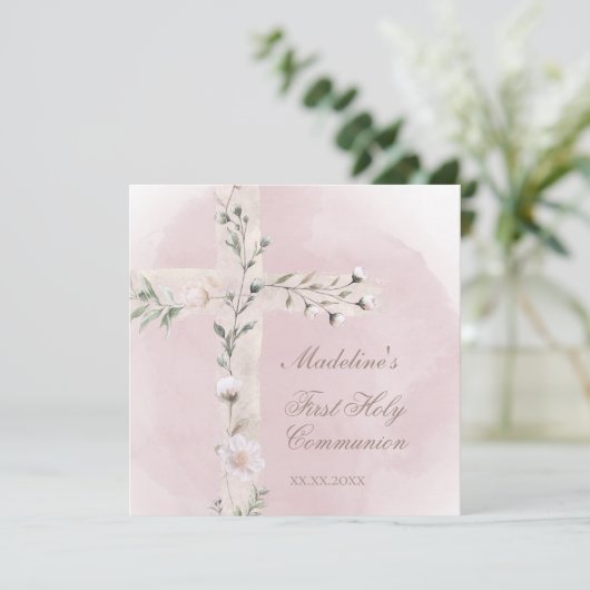 Heilig Kruis op stoffige roze Eerste Heilige Commu Kaart (Staand voorkant)