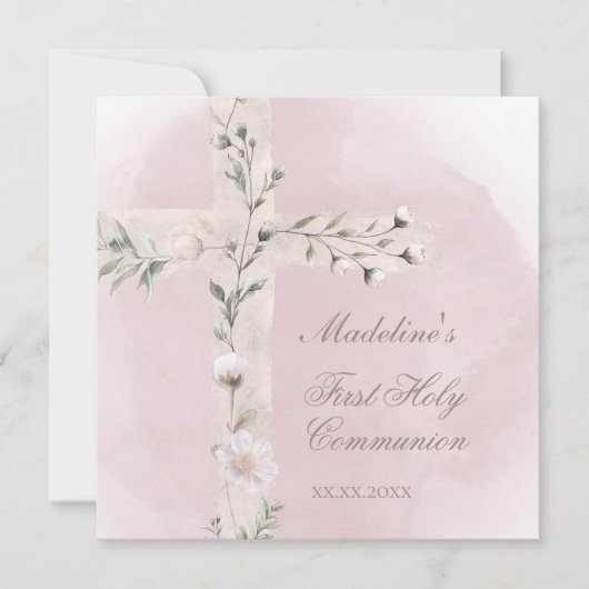 Heilig Kruis op stoffige roze Eerste Heilige Commu Kaart (Voorkant)