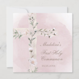 Heilig Kruis op stoffige roze Eerste Heilige Commu Kaart