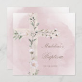 Heilig Kruis op stoffige roze waterverf Doop Kaart (Voorkant / Achterkant)