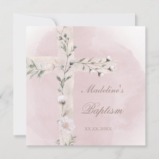 Heilig Kruis op stoffige roze waterverf Doop Kaart (Voorkant)