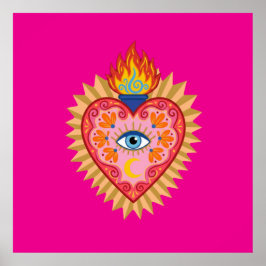 Heilig Mexicaans Hart met Beschermend Oog en Vlam Poster