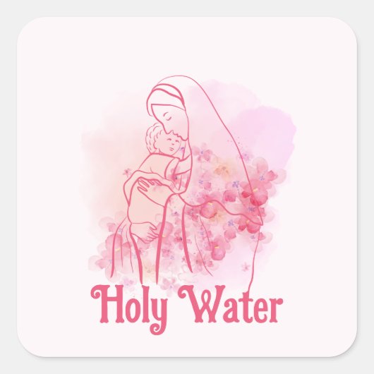 Heilig Water Roze Bloemen Maagd Maria Jezus Custom Vierkante Sticker (Voorkant)