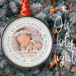 Heilige Baptisme Eenvoudig Lijst Moderne Aangepast Metalen Ornament<br><div class="desc">Dit eenvoudige en klassieke ontwerp is samengesteld uit serif typografie en voegt een douanefoto toe. "Mijn Heilige Baptisme" cirkelt de foto van uw baby,  kind,  enz.</div>