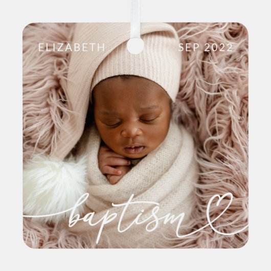 Heilige Baptisme Elegant Modern Chic Heart Baby Fo Metalen Ornament (Voorkant)