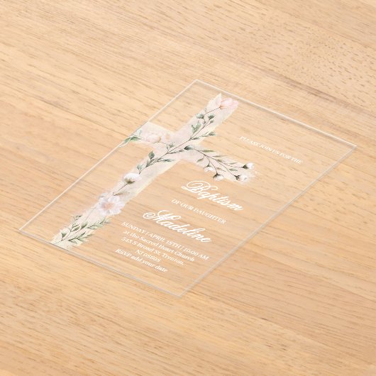 Heilige bloemenkruis doop acryl uitnodigingen (Laagn)