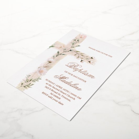 Heilige bloemenkruis doop folie uitnodiging (Gedraaid)