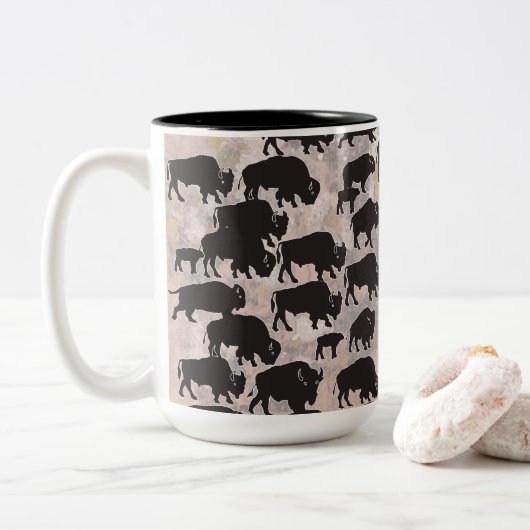 Heilige buffel van New Mexico Tweekleurige Koffiemok (Met donut)