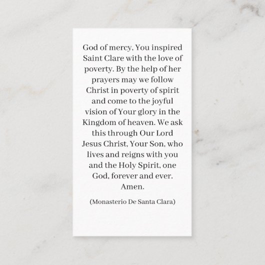 Heilige Clare van Assisi Gebed Kaart Contactkaartje (Achterkant)
