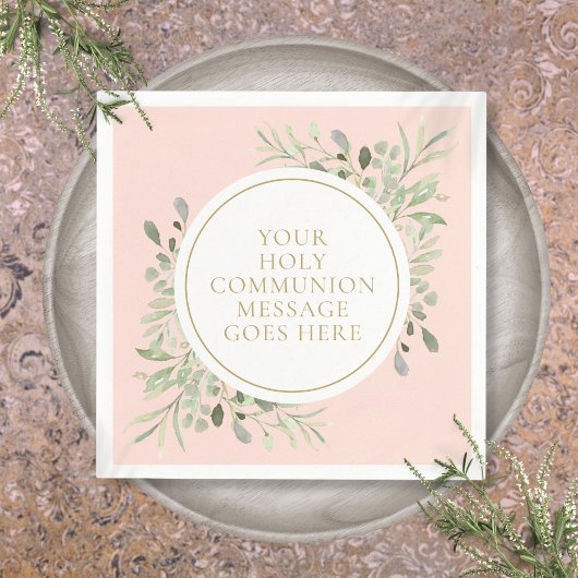 Heilige Communie Groene Bloemen Roze Servet