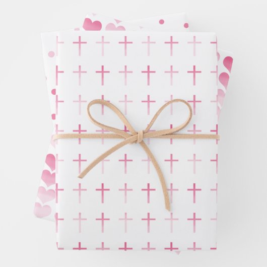 Heilige Communie Roze Kruis Harten en Stippen Inpakpapier Vel (In situ)