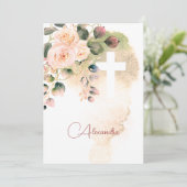 Heilige Communie Rozen Roze Religieus Kruis Kaart (Staand voorkant)
