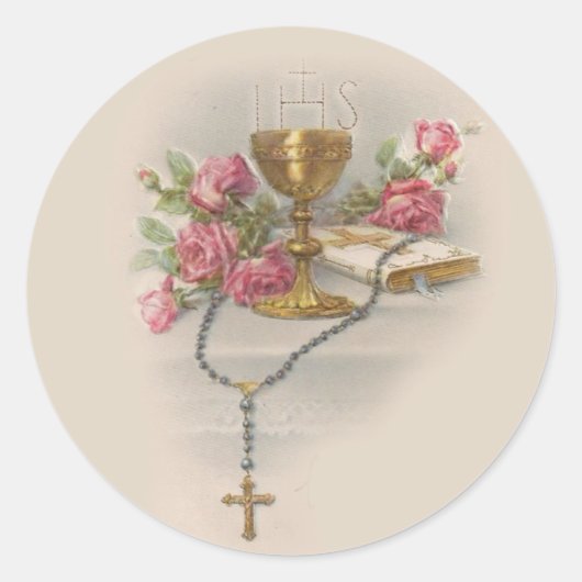 Heilige Communie Rozenkrans Eucharistie Kelk Bijbe Ronde Sticker (Voorkant)