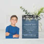 Heilige Communistische Blue Rustic String Lights F Bedankkaart (Staand voorkant)