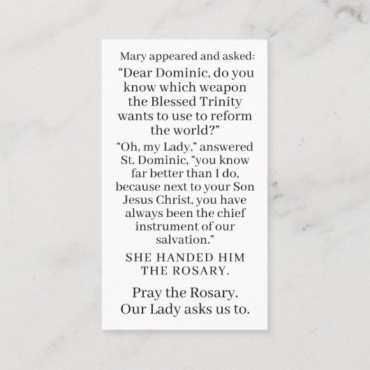 Heilige Dominicus ontvangt rozenkransgebed Contactkaartje (Achterkant)