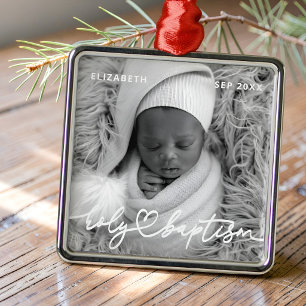 Heilige Doop Moderne Elegante Chic Hart Baby Foto Metalen Ornament