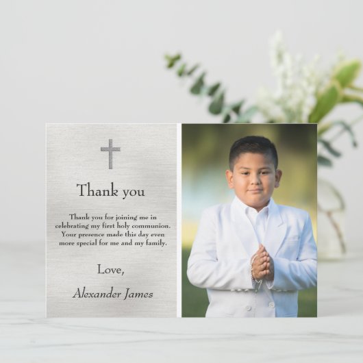 Heilige Eerste Communie Silver Black Boy Dank u Bedankkaart (Staand voorkant)