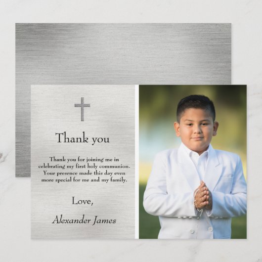 Heilige Eerste Communie Silver Black Boy Dank u Bedankkaart (Voorkant / Achterkant)