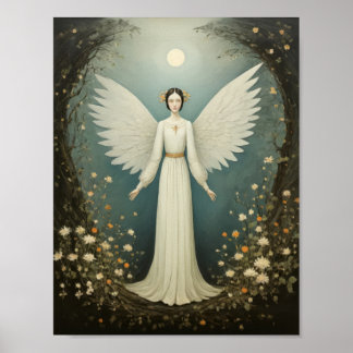 Heilige engel met vleugels, tussen bloemen poster