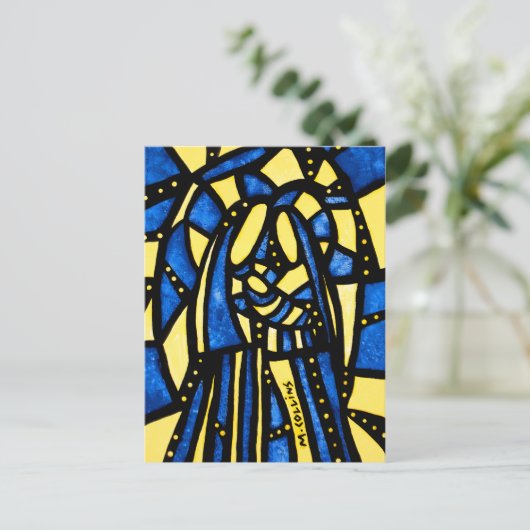Heilige Familie Abstract Kerstfeest Blauw Geel Feestdagenkaart (Staand voorkant)