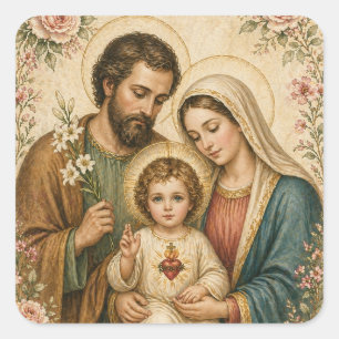 Heilige Familie Heilig Hart Kind Jezus Bloemen Vierkante Sticker