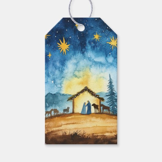 Heilige Familie in Bethlehem Nacht Cadeaulabel (Voorkant)