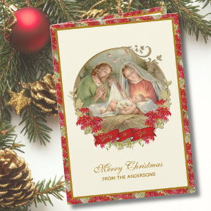 Heilige Familie Kerstmis Poinsettia Feestdagen Kaart