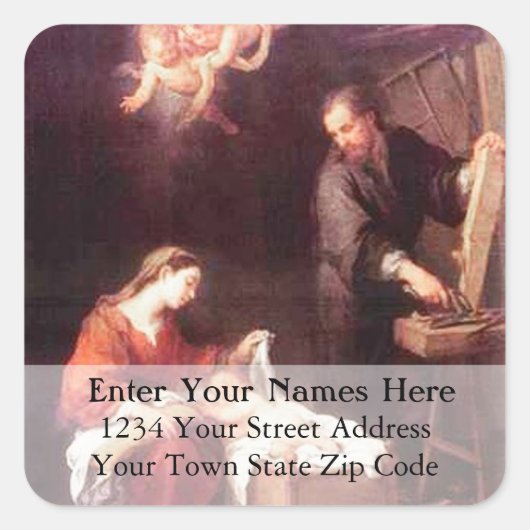 Heilige Familie met Engelen Kerstadres Label (Voorkant)