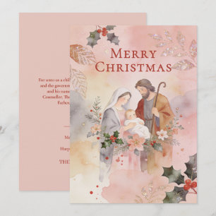 Heilige Familie Roze Pastel Watercolor Kerst TMF26 Feestdagenkaart