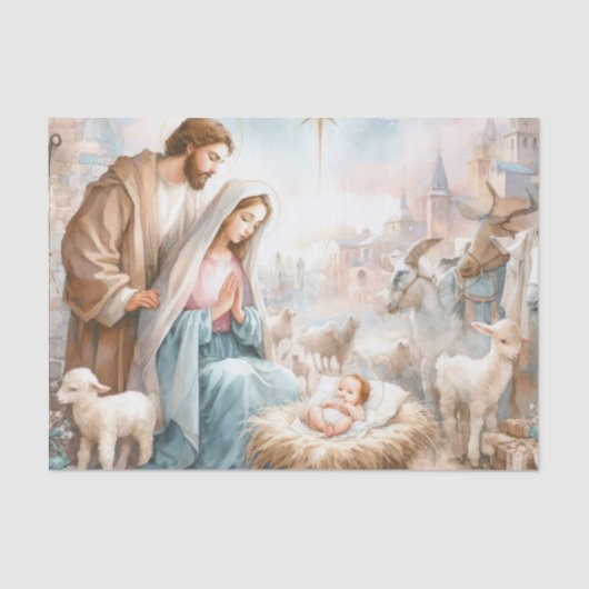 Heilige Familiescene met dieren geschilderd Tissuepapier (Voorkant)
