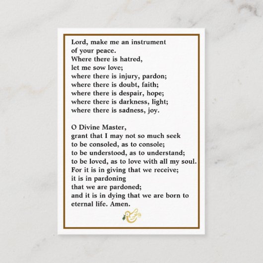 Heilige Franciscus van Assisi gebedskaart Visitekaartje (Achterkant)