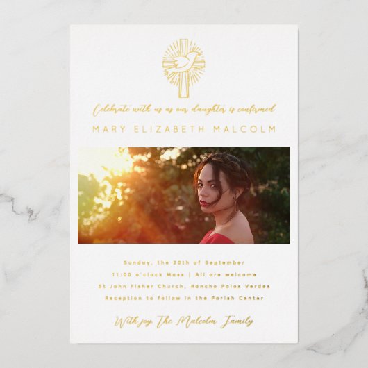 Heilige Geest Duivel Cross Fotobevestiging Gold Folie Uitnodiging (Voorkant)