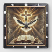 Heilige Geest Kruis Duif Bijbel Vierkante Klok (Voorkant)