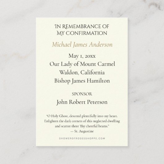 Heilige Geest Sacrament Bevestiging Heilige Kaart  (Achterkant)