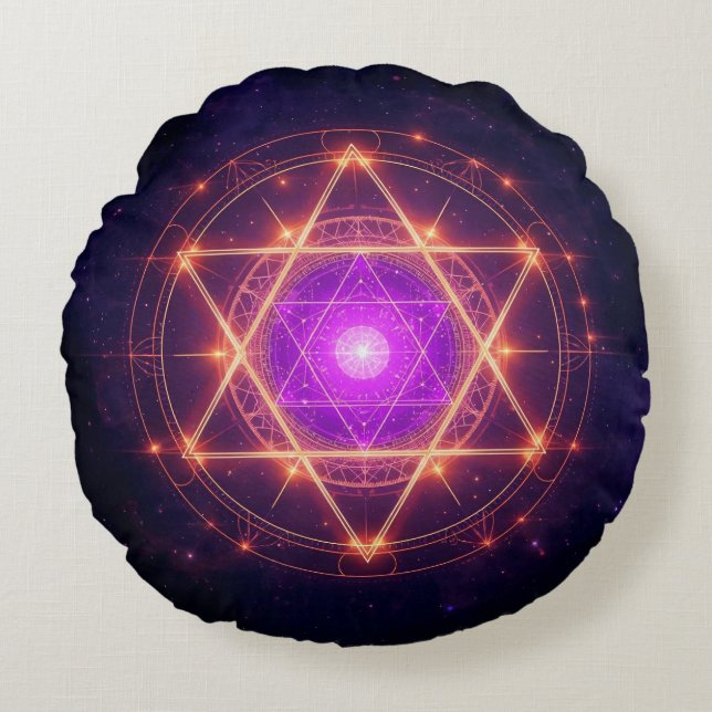 Heilige Geometrie Mandala – Licht in de Kosmos Rond Kussen (Voorkant)