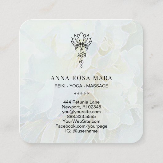 ** Heilige Geometrie. Nirvana Reiki Floral Peony Vierkante Visitekaartje (Achterkant)