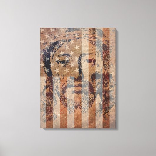 Heilige gezicht van Jezus en Amerikaanse vlag Canv Canvas Afdruk (Voorkant)