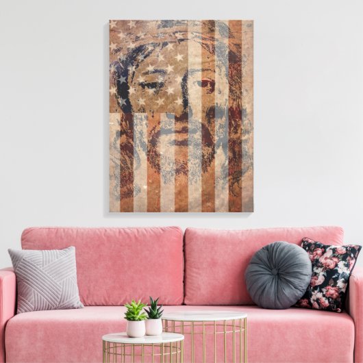 Heilige gezicht van Jezus en Amerikaanse vlag Canv Canvas Afdruk (Insitu (Woonkamer))