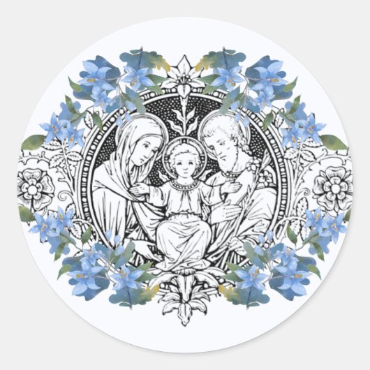 Heilige Gezin Elegant Blue Floral Ronde Sticker (Voorkant)