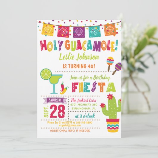 Heilige Guacamole Birthday Fiesta Invitation White Kaart (Staand voorkant)