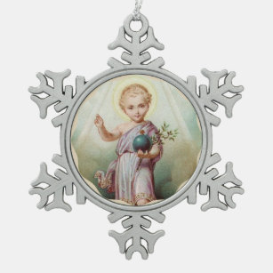 Heilige Hart van Kind Jezus Houdt de wereld vast Tin Sneeuwvlok Ornament