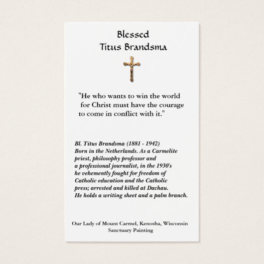 Heilige Heilige Stoel Titus Brandsma Visitekaartje (Achterkant)