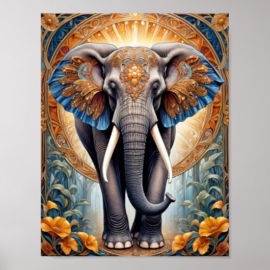 Heilige Indische olifant op etnisch patroon en blo Poster (Voorkant)
