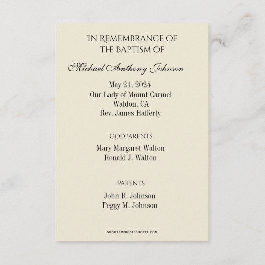 Heilige Kaart: katholieke Baby, baptismal gedenken Informatiekaartje (Achterkant)