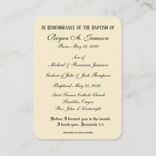 Heilige Kaart: katholieke Baby, baptismal gedenken Visitekaartje (Achterkant)
