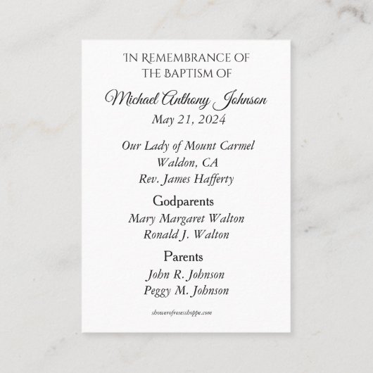 Heilige Kaart: katholieke Baby, baptismal gedenken Visitekaartje (Achterkant)