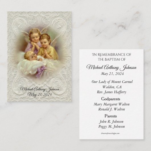 Heilige Kaart: katholieke Baby, baptismal gedenken Visitekaartje (Voorkant / Achterkant)