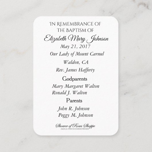 Heilige Kaart: katholieke Baby, baptismal gedenken Visitekaartje (Achterkant)